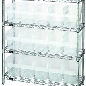 The Quantum Bin Wire Shelving Center, shipped KD, has a chrome-plated four-tier frame measuring 12D x 36W x 39H. It includes (4) shelves and (15) QSB802 clear bins with an 800 lbs capacity per shelf.
