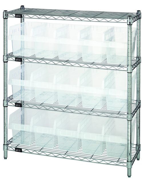 WR4-39-1236-807 clear The Quantum Bin Wire Shelving Center, shipped KD, has a chrome-plated four-tier frame measuring 12D x 36W x 39H. It includes (4) shelves and (15) QSB802 clear bins with an 800 lbs capacity per shelf.