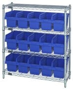 The Quantum Bin Wire Shelving Center features a chrome-plated finish and consists of four 12D x 36W x 39H shelves, each with an 800 lbs capacity, arranged with five QSB802 blue bins per shelf, against a white background. It ships knocked down (KD).