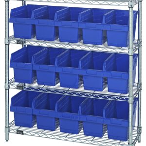 The Quantum Bin Wire Shelving Center features a chrome-plated finish and consists of four 12D x 36W x 39H shelves, each with an 800 lbs capacity, arranged with five QSB802 blue bins per shelf, against a white background. It ships knocked down (KD).