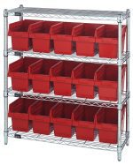 The Quantum Bin Wire Shelving Center has a chrome-plated finish and features four shelves with an 800 lbs capacity each. It includes 15 QSB802 red bins, is sized at 12D x 36W x 39H, and ships KD.