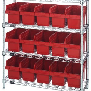The Quantum Bin Wire Shelving Center has a chrome-plated finish and features four shelves with an 800 lbs capacity each. It includes 15 QSB802 red bins, is sized at 12D x 36W x 39H, and ships KD.