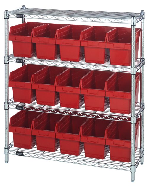 WR4-39-1236-802 red The Quantum Bin Wire Shelving Center has a chrome-plated finish and features four shelves with an 800 lbs capacity each. It includes 15 QSB802 red bins, is sized at 12D x 36W x 39H, and ships KD.