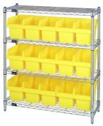The Quantum Bin Wire Shelving Center features a chrome-plated, four-tier, 12D x 36W x 39H design with a sleek silver wire frame. It includes four shelves and 15 QSB802 yellow bins arranged in three rows, each shelf supporting up to 800 lbs.