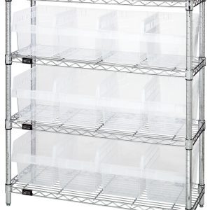 Check out the Quantum Bin Wire Shelving Center, with four shelves holding 800 lbs each and 12 clear bins. It measures 12D x 36W x 39H, features a chrome-plated finish, ships KD, and offers easy access and stability on adjustable feet.