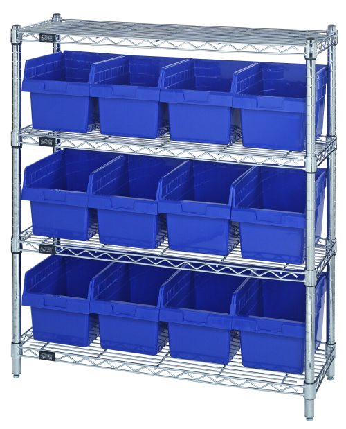 The Quantum Bin Wire Shelving Center, measuring 12D x 36W x 39H, holds up to 800 lbs per shelf and includes a chrome plated finish with four shelves. It accommodates twelve QSB807 blue bins (five on the lower three shelves, four on top) and ships KD for easy assembly.