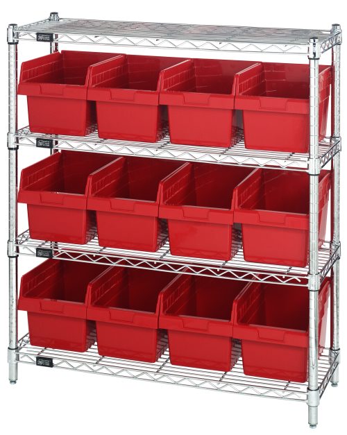 WR4-39-1236-807-2 red The Quantum Bin Wire Shelving Center, 12D x 36W x 39H, features a chrome-plated finish with four grid-design shelves, each holding up to 800 lbs. It includes twelve QSB807 red bins and is shipped KD for organized garage or workshop storage.