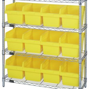The Quantum Bin Wire Shelving Center, measuring 12D x 36W x 39H, features four shelves that hold 12 QSB807 yellow bins each. With an 800 lbs capacity per shelf and a chrome-plated finish, it arrives KD for easy assembly.