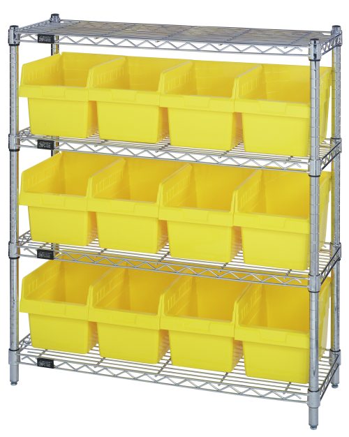The Quantum Bin Wire Shelving Center, measuring 12D x 36W x 39H, features four shelves that hold 12 QSB807 yellow bins each. With an 800 lbs capacity per shelf and a chrome-plated finish, it arrives KD for easy assembly.