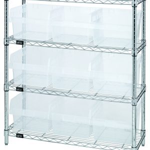 The Quantum Bin Wire Shelving Center has a chrome-plated finish, measures 12D x 36W x 39H, and includes four shelves supporting up to 800 lbs each. It comes with nine clear QSB809 bins for efficient storage.