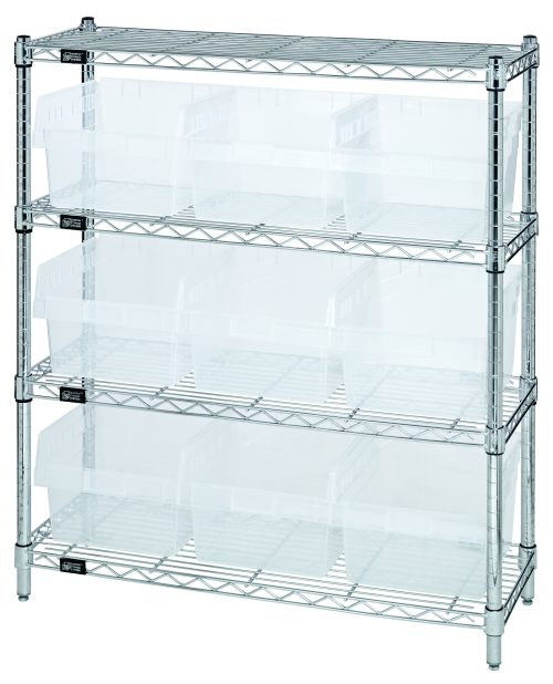 The Quantum Bin Wire Shelving Center has a chrome-plated finish, measures 12D x 36W x 39H, and includes four shelves supporting up to 800 lbs each. It comes with nine clear QSB809 bins for efficient storage.
