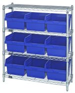 The Quantum Bin Wire Shelving Center, sized 12D x 36W x 39H, includes four chrome-plated shelves and nine QSB809 blue bins. With an 800 lbs capacity per shelf, it is shipped KD for easy assembly.