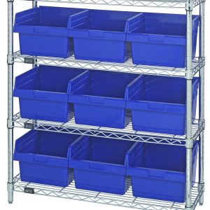 The Quantum Bin Wire Shelving Center, sized 12D x 36W x 39H, includes four chrome-plated shelves and nine QSB809 blue bins. With an 800 lbs capacity per shelf, it is shipped KD for easy assembly.