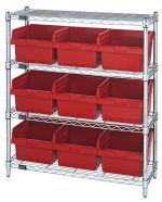 The Quantum Bin Wire Shelving Center, 12D x 36W x 39H, holds up to 800 lbs per shelf. It includes (4) shelves and (9) QSB809 red bins and is finished in chrome. The unit ships conveniently KD.