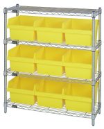 Introducing the Quantum Bin Wire Shelving Center: a chrome-plated metal unit with four shelves and nine QSB809 bright yellow bins, measuring 12D x 36W x 39H. Each shelf supports up to 800 lbs, offering robust, evenly spaced storage. Ships knocked down for easy assembly.