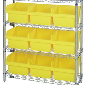Introducing the Quantum Bin Wire Shelving Center: a chrome-plated metal unit with four shelves and nine QSB809 bright yellow bins, measuring 12D x 36W x 39H. Each shelf supports up to 800 lbs, offering robust, evenly spaced storage. Ships knocked down for easy assembly.