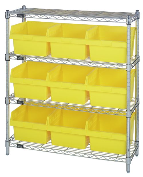 Introducing the Quantum Bin Wire Shelving Center: a chrome-plated metal unit with four shelves and nine QSB809 bright yellow bins, measuring 12D x 36W x 39H. Each shelf supports up to 800 lbs, offering robust, evenly spaced storage. Ships knocked down for easy assembly.