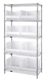 The Quantum Bin Wire Shelving System features five 42L x 18W x 74H shelves, eight QUS270 clear bins, each shelf holding up to 800 lbs. It has a chrome-plated finish and ships KD.
