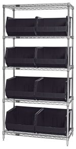 The Quantum Bin Wire Shelving System, 42L x 18W x 74H, boasts a chrome-plated finish and accommodates up to 800 lbs per shelf. It includes five shelves with eight QUS270 black bins for versatile storage and is shipped KD.