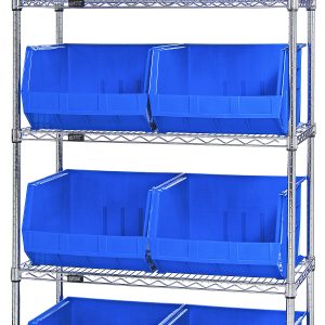 The Quantum Bin Wire Shelving System is 42L x 18W x 74H, with a capacity of 800 lbs per shelf. It comes with five shelves and eight QUS270 blue bins on a chrome finish. The unit ships KD for easy assembly, providing organized storage in an open front design.
