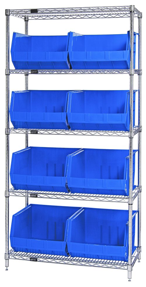 The Quantum Bin Wire Shelving System is 42L x 18W x 74H, with a capacity of 800 lbs per shelf. It comes with five shelves and eight QUS270 blue bins on a chrome finish. The unit ships KD for easy assembly, providing organized storage in an open front design.