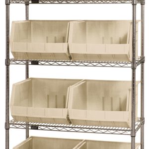 The Quantum Bin Wire Shelving System, measuring 42L x 18W x 74H, features five chrome-plated shelves each with an 800 lbs capacity. It includes eight QUS270 ivory bins, is shipped KD, and offers a sturdy and organized storage solution with open front access.