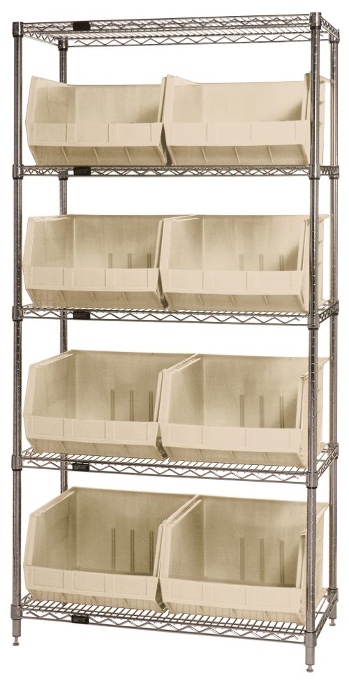 WR5-270_IV.jpg The Quantum Bin Wire Shelving System, measuring 42L x 18W x 74H, features five chrome-plated shelves each with an 800 lbs capacity. It includes eight QUS270 ivory bins, is shipped KD, and offers a sturdy and organized storage solution with open front access.