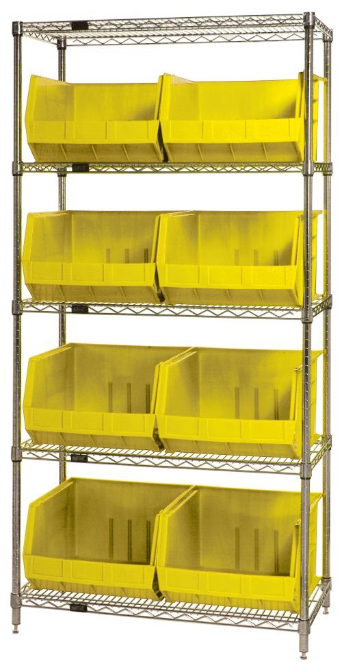 WR5-270_YL.jpg The Quantum Bin Wire Shelving System, measuring 42L x 18W x 74H, features (5) adjustable shelves supporting (8) QUS270 yellow bins. It offers an 800 lbs capacity per shelf and a chrome-plated finish. Each unit is shipped KD for easy assembly and organization in any space.
