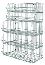 The Quantum Stacking Basket System is a stationary 36W x 20D x 54H unit with multiple angled, stacked baskets. Each basket holds up to 80 lbs, and the chrome-plated metal structure includes (2) 1436BC dividers and (3) 203612BC dividers, ideal for retail or home organization.