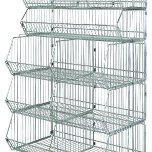 The Quantum Stacking Basket System is a stationary 36W x 20D x 54H unit with multiple angled, stacked baskets. Each basket holds up to 80 lbs, and the chrome-plated metal structure includes (2) 1436BC dividers and (3) 203612BC dividers, ideal for retail or home organization.