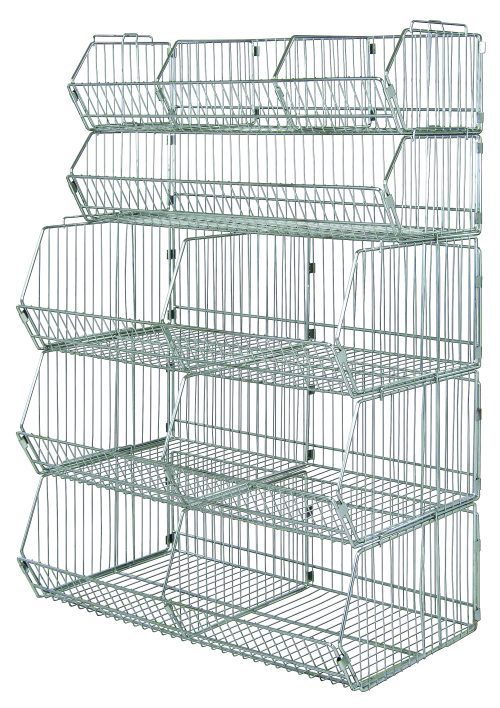 The Quantum Stacking Basket System is a stationary 36W x 20D x 54H unit with multiple angled, stacked baskets. Each basket holds up to 80 lbs, and the chrome-plated metal structure includes (2) 1436BC dividers and (3) 203612BC dividers, ideal for retail or home organization.