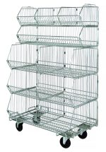 The Quantum Stacking Basket System is mobile, featuring five tiers of wire bins with dividers. It has a load capacity of 80 lbs per basket, dimensions of 36W x 20D x 60H, and comes with a dolly base on four black casters.