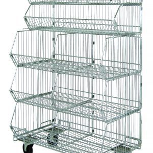 The Quantum Stacking Basket System is mobile, featuring five tiers of wire bins with dividers. It has a load capacity of 80 lbs per basket, dimensions of 36W x 20D x 60H, and comes with a dolly base on four black casters.