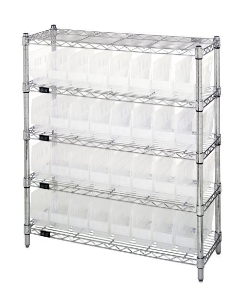 WR8-201 Cl The Quantum Bin Wire Shelving Center, 12D x 36W x 39H, includes (5) shelves with an 800 lbs capacity each, (32) Qsb201 clear bins, and features a chrome-plated finish with a sturdy wire mesh design.