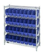 The Quantum Bin Wire Shelving Center, measuring 12D x 36W x 39H with a chrome-plated finish, includes five shelves and accommodates 32 QSB201 blue bins. Each shelf supports up to 800 lbs, providing ample and reliable storage for various needs.