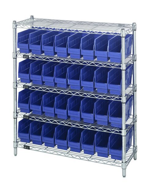 WR8-201 Bl The Quantum Bin Wire Shelving Center, measuring 12D x 36W x 39H with a chrome-plated finish, includes five shelves and accommodates 32 QSB201 blue bins. Each shelf supports up to 800 lbs, providing ample and reliable storage for various needs.