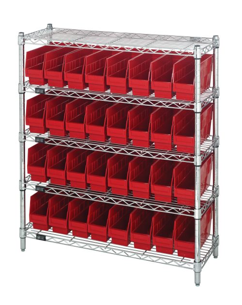 WR8-201 Rd The Quantum Bin Wire Shelving Center, 12Dx36Wx39H, features a chrome-plated finish with five shelves supporting up to 800 lbs each. It includes 32 QSB201 red bins, arranged in three rows per shelf for optimal storage and is shipped KD.