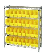 The Quantum Bin Wire Shelving Center, chrome-plated and shipped KD, measures 12D x 36W x 39H. It features five shelves, each holding up to 800 lbs, and includes 32 yellow QSB201 bins for organized storage.
