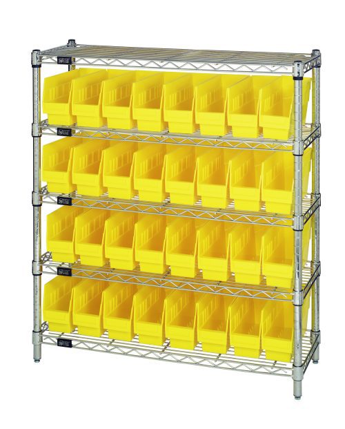 The Quantum Bin Wire Shelving Center, chrome-plated and shipped KD, measures 12D x 36W x 39H. It features five shelves, each holding up to 800 lbs, and includes 32 yellow QSB201 bins for organized storage.