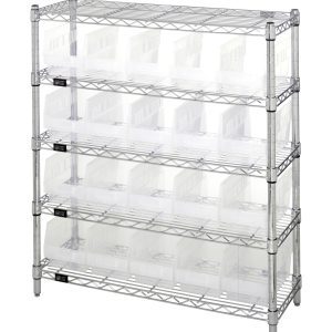 The Quantum Bin Wire Shelving Center, 12D x 36W x 39H, features a chrome-plated finish and is shipped KD. It includes five shelves with an 800 lbs capacity each and twenty QSB202 clear bins, arranged to enhance its industrial and functional design.
