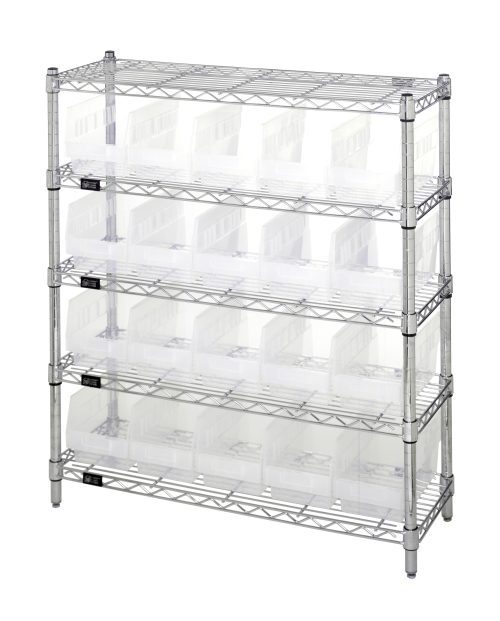 The Quantum Bin Wire Shelving Center, 12D x 36W x 39H, features a chrome-plated finish and is shipped KD. It includes five shelves with an 800 lbs capacity each and twenty QSB202 clear bins, arranged to enhance its industrial and functional design.