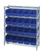 The Quantum Bin Wire Shelving Center has a chrome-plated finish, holds up to 800 lbs per shelf, and includes five tiers with 20 blue bins for small item organization. Its silver frame offers a sleek, sturdy look and measures 12D x 36W x 39H.