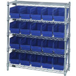 The Quantum Bin Wire Shelving Center has a chrome-plated finish, holds up to 800 lbs per shelf, and includes five tiers with 20 blue bins for small item organization. Its silver frame offers a sleek, sturdy look and measures 12D x 36W x 39H.