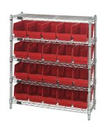 The Quantum Bin Wire Shelving Center, 12D x 36W x 39H, has a chrome-plated finish and includes five shelves and twenty QSB202 red bins. It is a KD shipment with an 800 lbs capacity per shelf, standing freestanding against a white background.