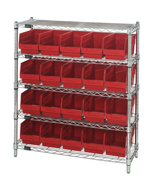 The Quantum Bin Wire Shelving Center, 12D x 36W x 39H, has a chrome-plated finish and includes five shelves and twenty QSB202 red bins. It is a KD shipment with an 800 lbs capacity per shelf, standing freestanding against a white background.
