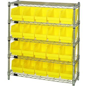 The Quantum Bin Wire Shelving Center, with dimensions 12D x 36W x 39H, includes five chrome-plated shelves and 20 QSB202 yellow bins. It is shipped KD for easy assembly and offers a reliable storage solution with an 800 lbs capacity per shelf.