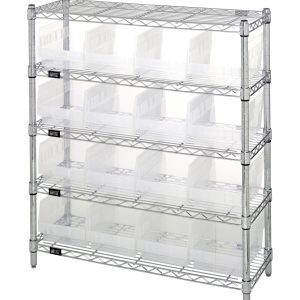 The Quantum Bin Wire Shelving Center (12D x 36W x 39H) features five chrome-plated shelves, each with an 800 lbs capacity and open industrial design. It includes 16 transparent QSB207 bins and is shipped KD for easy assembly.