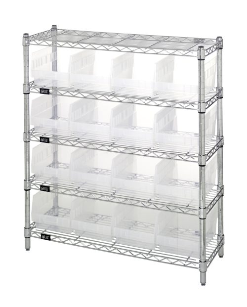 The Quantum Bin Wire Shelving Center (12D x 36W x 39H) features five chrome-plated shelves, each with an 800 lbs capacity and open industrial design. It includes 16 transparent QSB207 bins and is shipped KD for easy assembly.