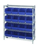 The Quantum Bin Wire Shelving Center features five chrome-plated shelves, each supporting 16 front-open blue Qsb207 bins. With an 800 lbs capacity per shelf, this sturdy KD unit (12D x 36W x 39H) is a perfect storage solution.
