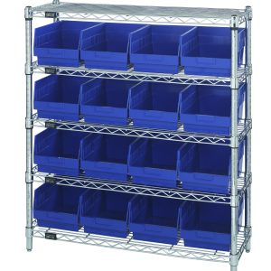 The Quantum Bin Wire Shelving Center features five chrome-plated shelves, each supporting 16 front-open blue Qsb207 bins. With an 800 lbs capacity per shelf, this sturdy KD unit (12D x 36W x 39H) is a perfect storage solution.